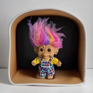 Bright Of America Troll Rainbow Hair Overalls Heart Earring 4.5" Preowned EUC